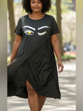 Black Dress with Front Flap & Eye & Eye Lash Graphic Plus Size Stretchy 2X